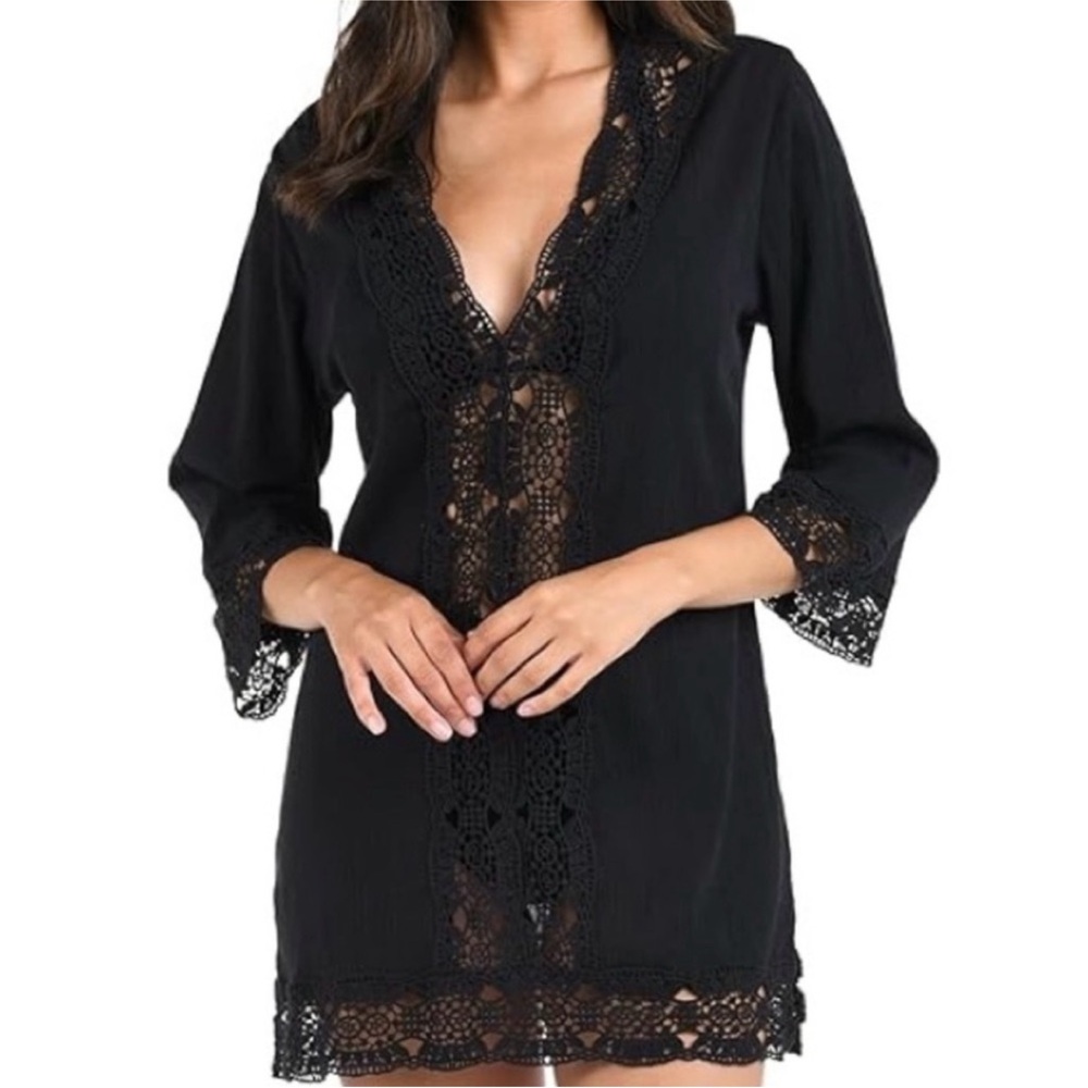 La Blanca Black Lace Cotton Swim Coverup